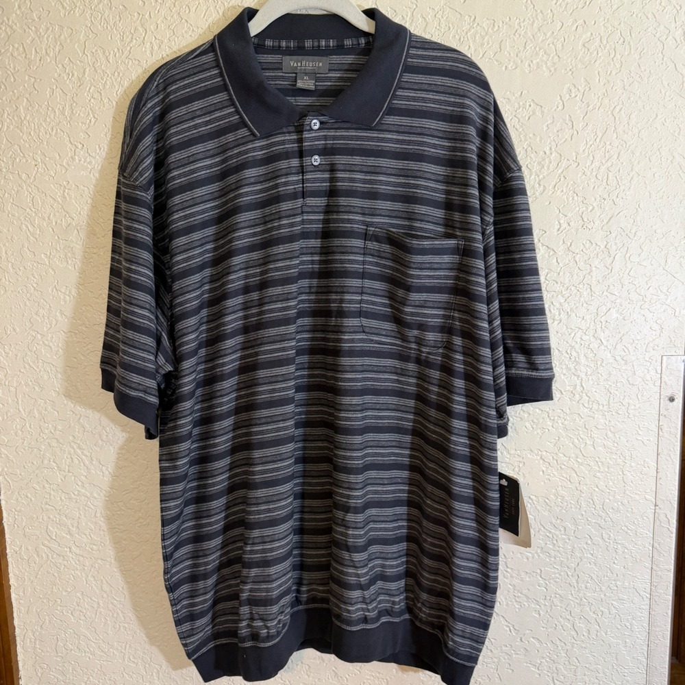 Van Heusen Polo Mens XL Black Striped Short Sleeve Pocket Banded Bottom NEW - Picture 3 of 8
